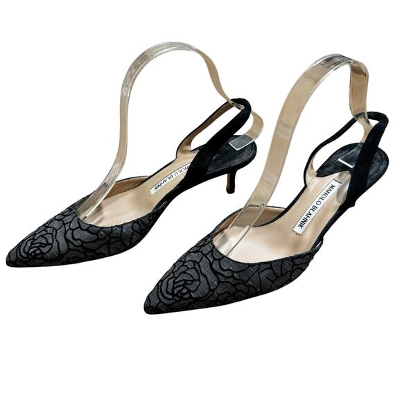 Manolo Blahnik Black Velvet Floral Slingback Heels Textured Fabric Pumps EU 37.5 - Picture 4 of 7